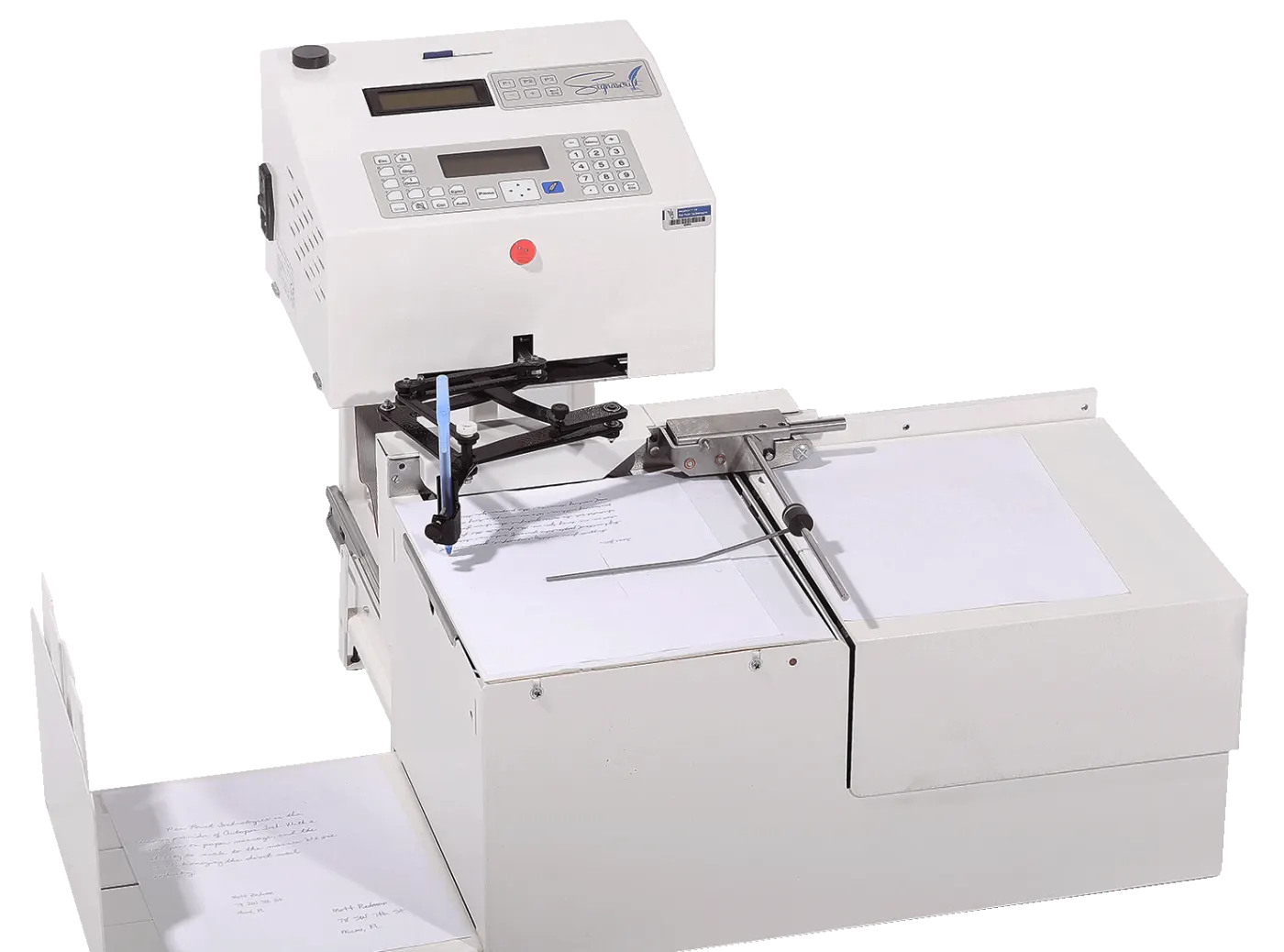 Used Autopen handwriting machine with a pen loaded for real-ink envelope and card writing