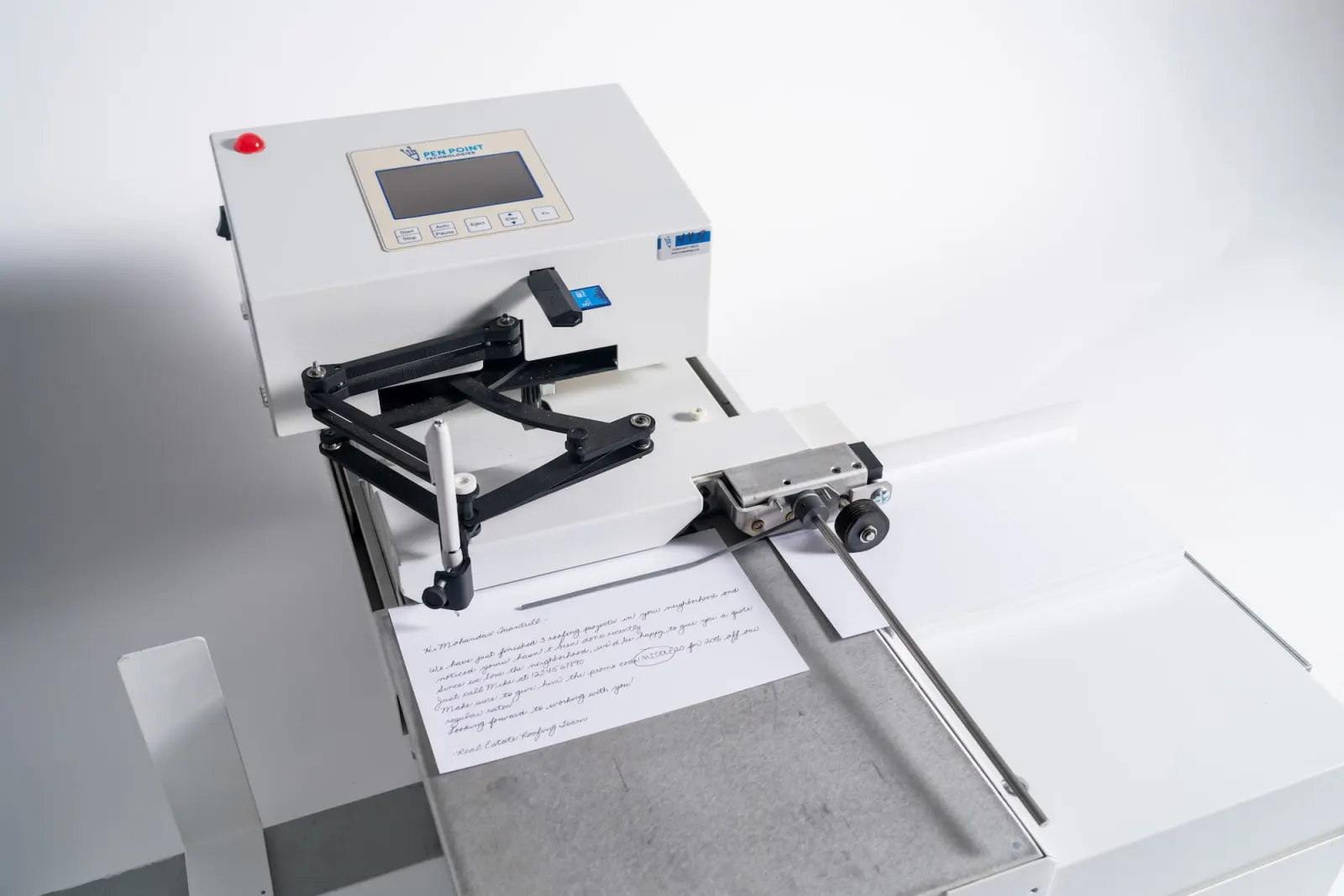 Used Autopen handwriting machine prepared for real-pen envelope and direct mail work