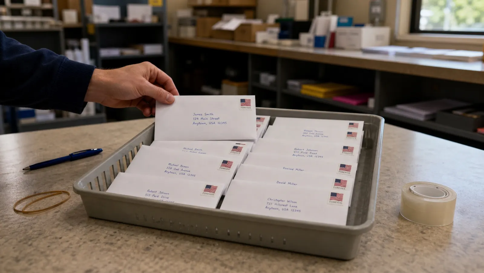 Mail shop operator loading envelopes beside a real-pen handwriting machine