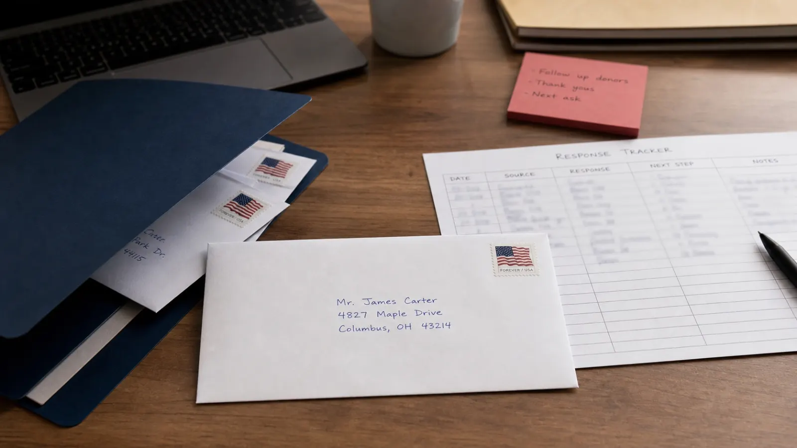 Campaign finance team reviewing handwritten donor appeal envelopes and response reports