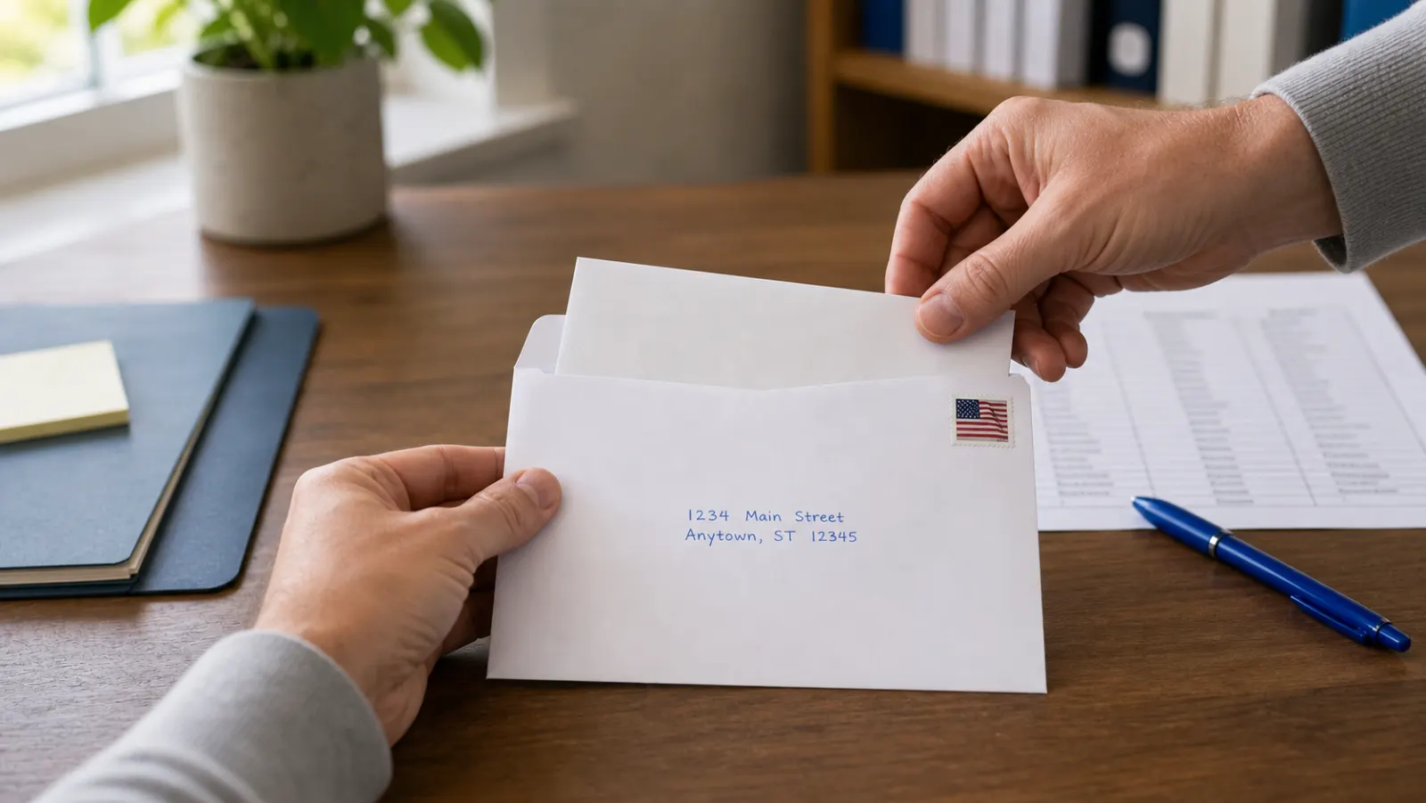 Hands inserting a handwritten letter into an envelope for direct mail
