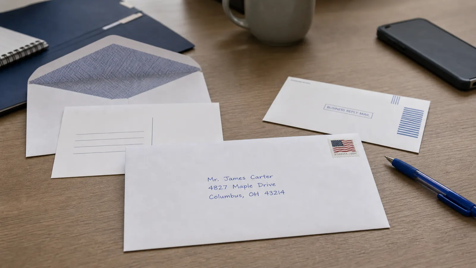 Reply envelope and handwritten direct mail piece on a desk