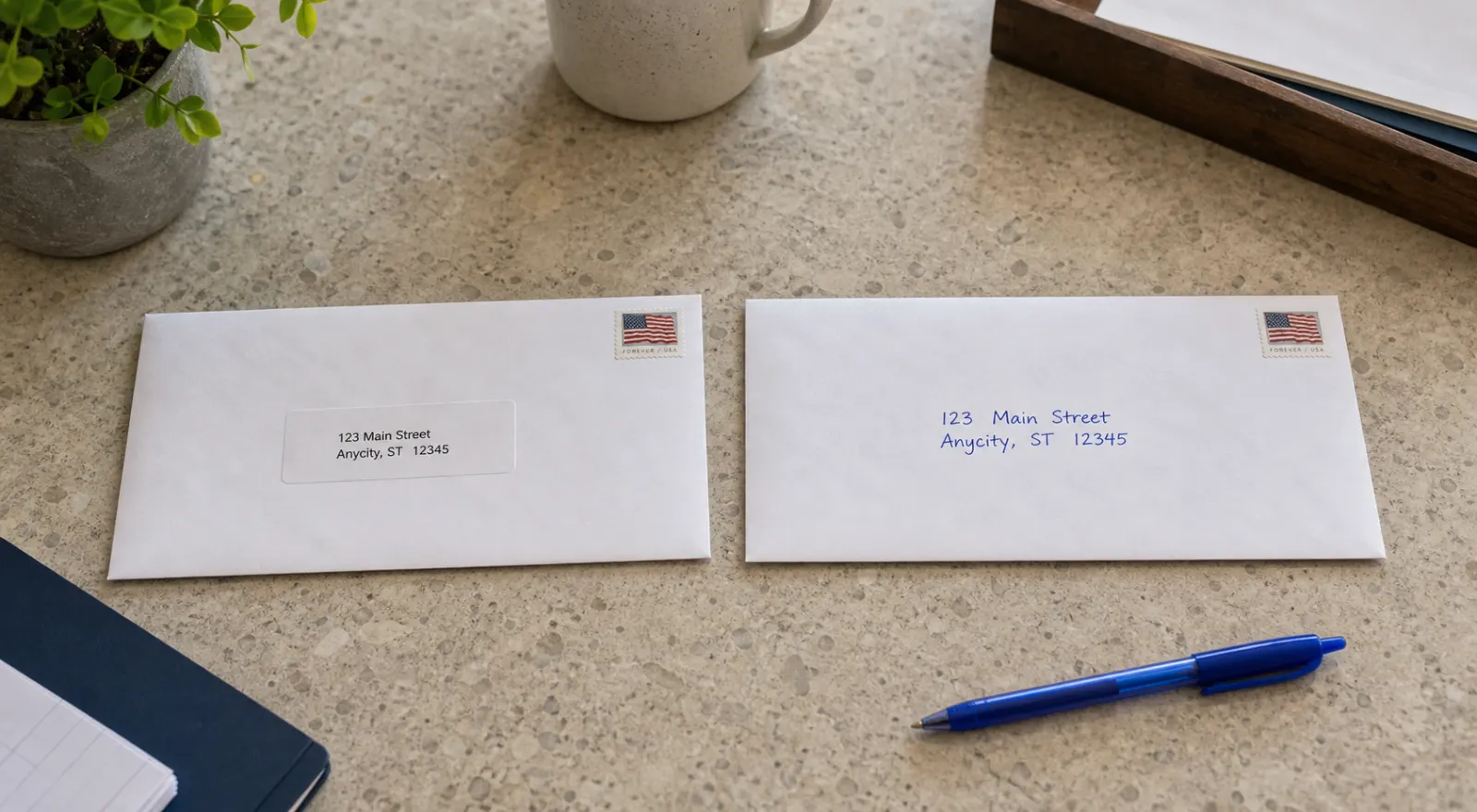 Printed-label envelope beside a simple handwritten envelope