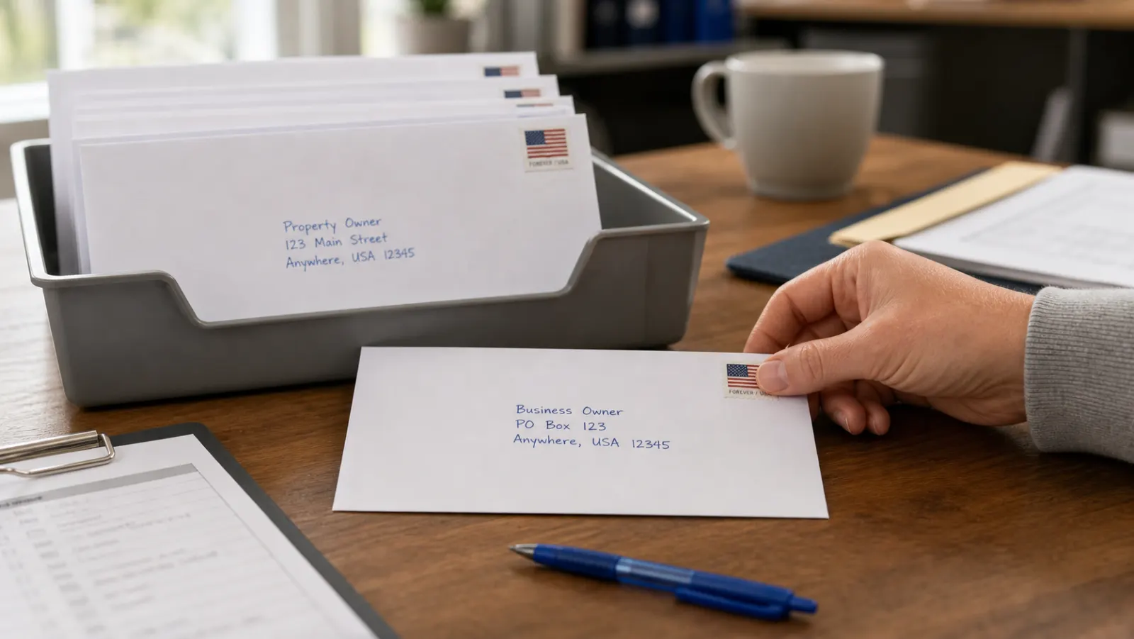 Small tray of standard handwritten envelopes being checked before mailing