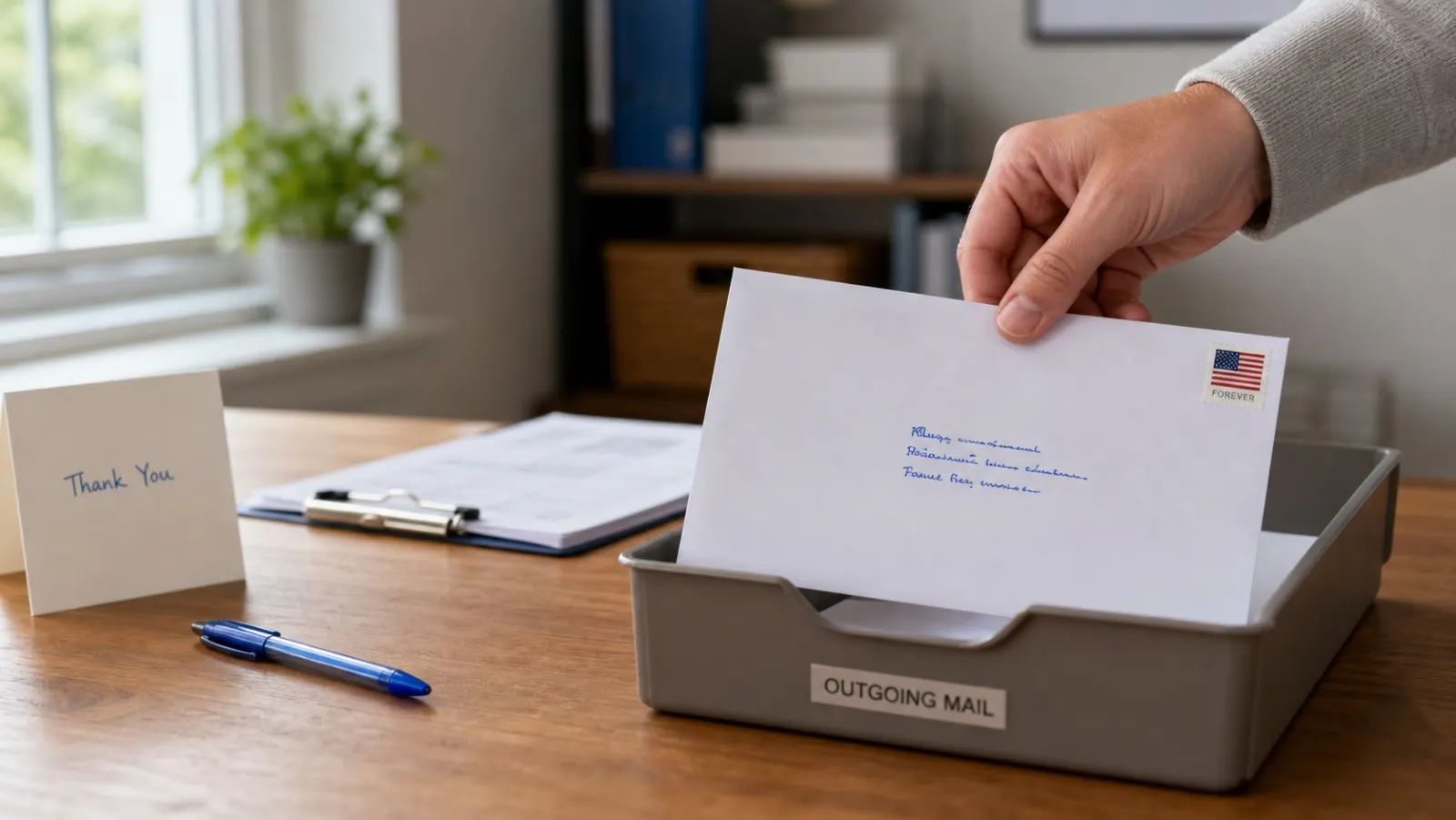 Non-profit development team preparing handwritten donor appeal envelopes