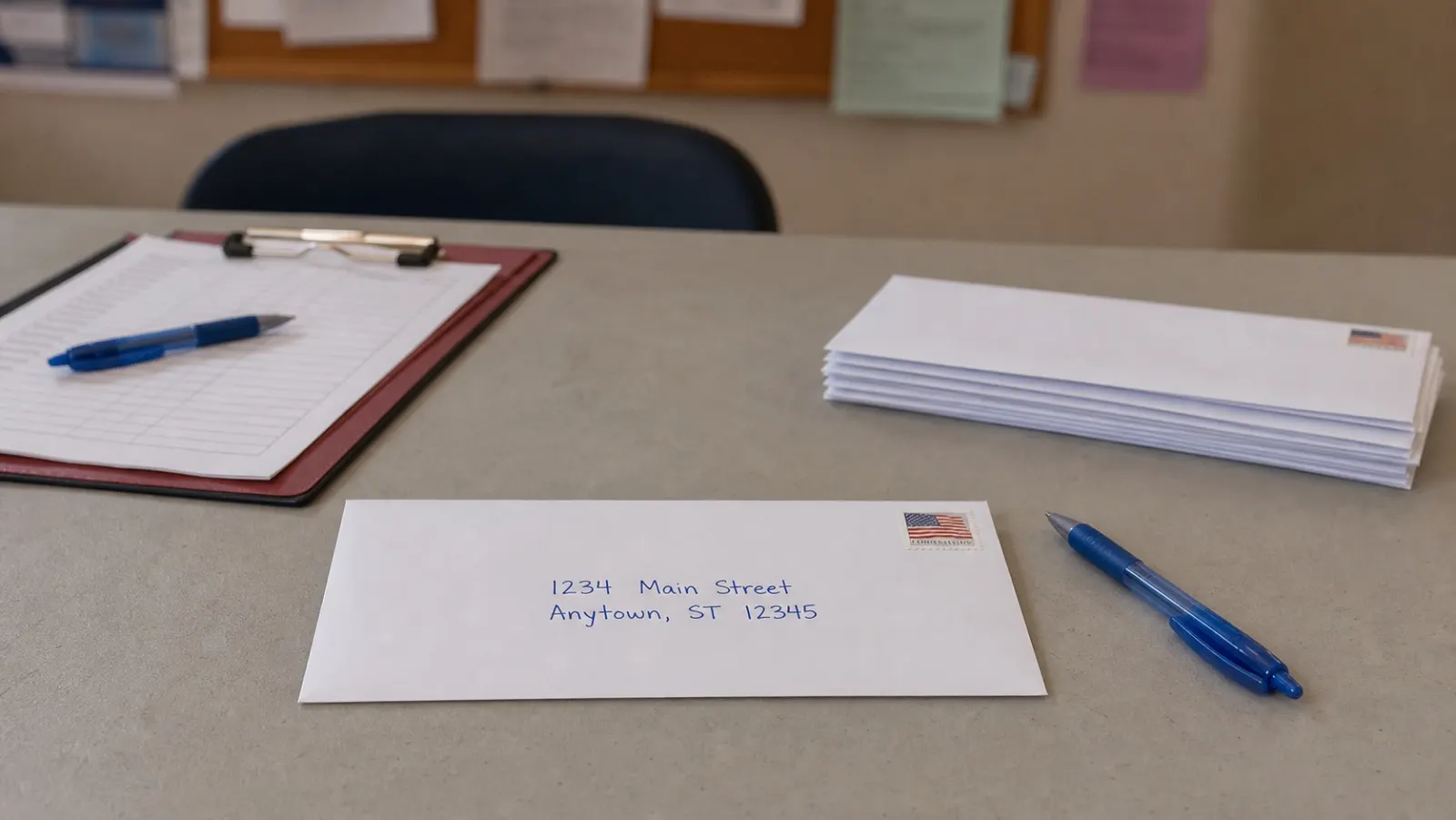 Campaign mailroom table with handwritten voter outreach envelopes