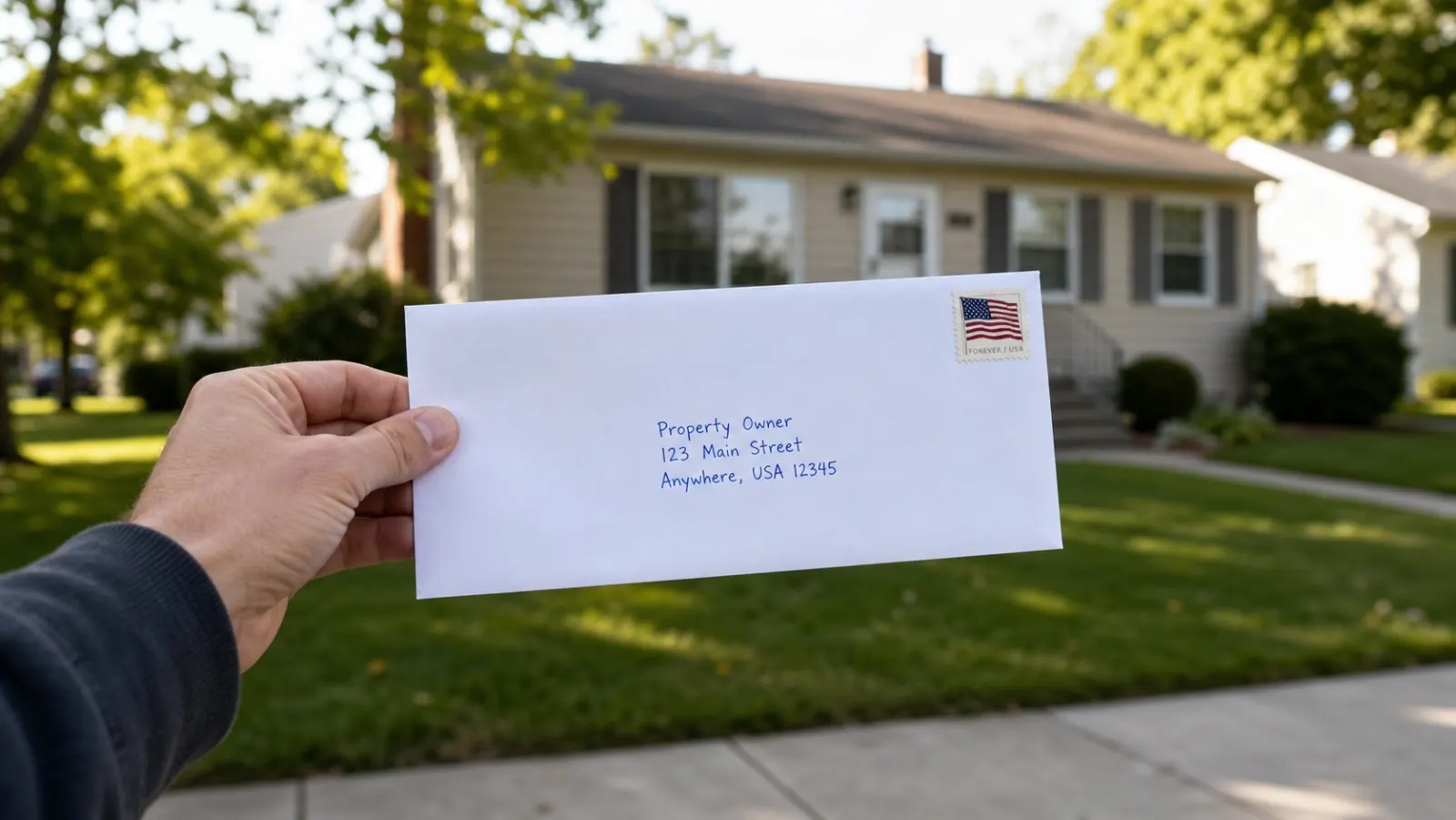 Real estate investor organizing handwritten yellow letters and envelopes