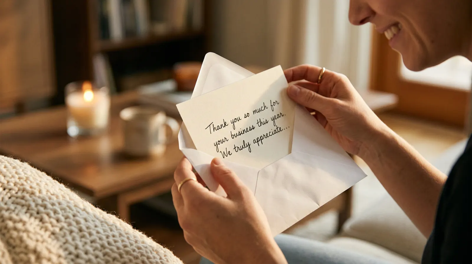 Customer opening a handwritten thank-you letter from an envelope