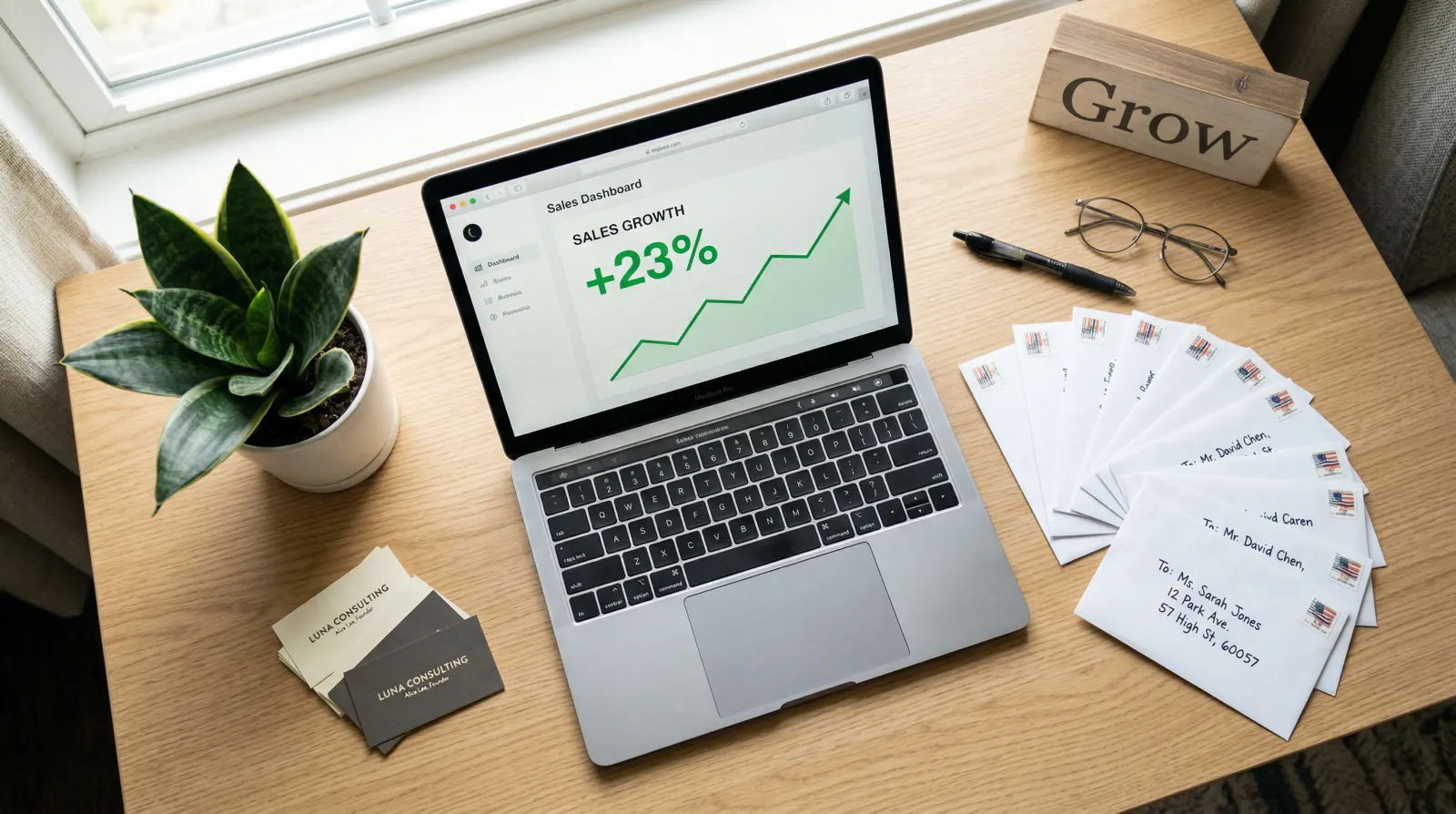 Laptop dashboard with handwritten envelopes and growth chart for small business outreach