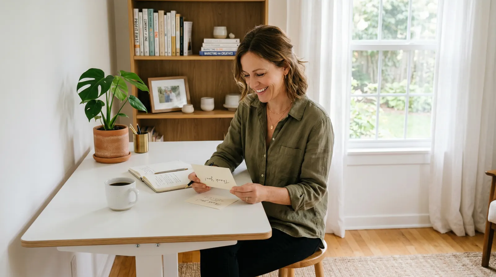 Small business owner reviewing a handwritten card beside an Autopen machine