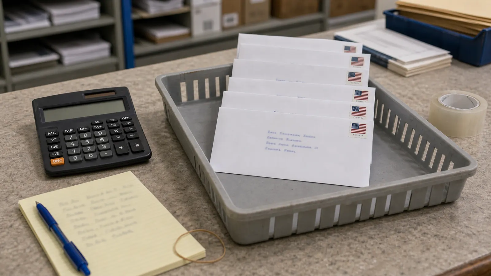 Mail shop counter with a calculator and a small tray of handwritten envelopes