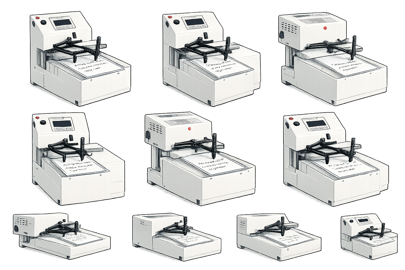AI Image: Flat illustration on transparent background. A modern laptop computer screen showing a simple website with three rectangular machine listing cards. A magnifying glass icon floats above the screen. Soft sage green (#4CAF50) and charcoal gray (#333) color palette. Clean rounded shapes, minimal detail, modern flat illustration style. No background, transparent edges. 1:1 aspect ratio.