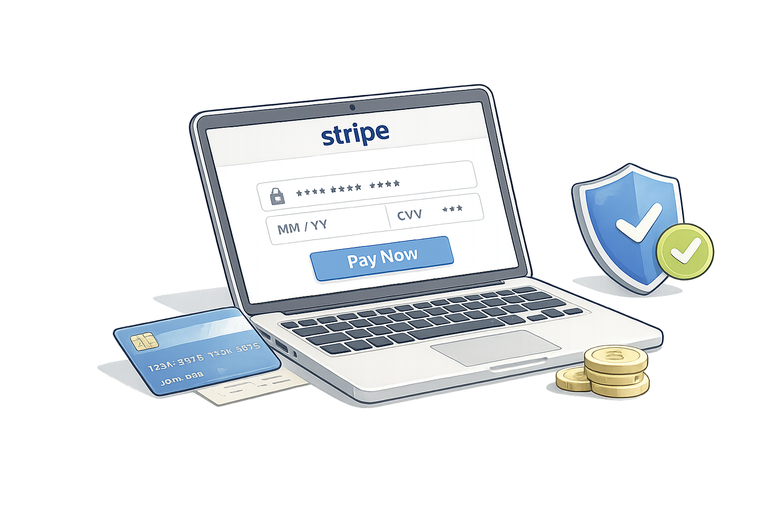 AI Image: Flat illustration on transparent background. A credit card with a checkmark badge on the right side, floating above a simple shopping cart icon. Soft blue (#5C9CE6) and sage green (#4CAF50) color palette. Clean rounded shapes, minimal detail, modern flat illustration style. No background, transparent edges. 1:1 aspect ratio.