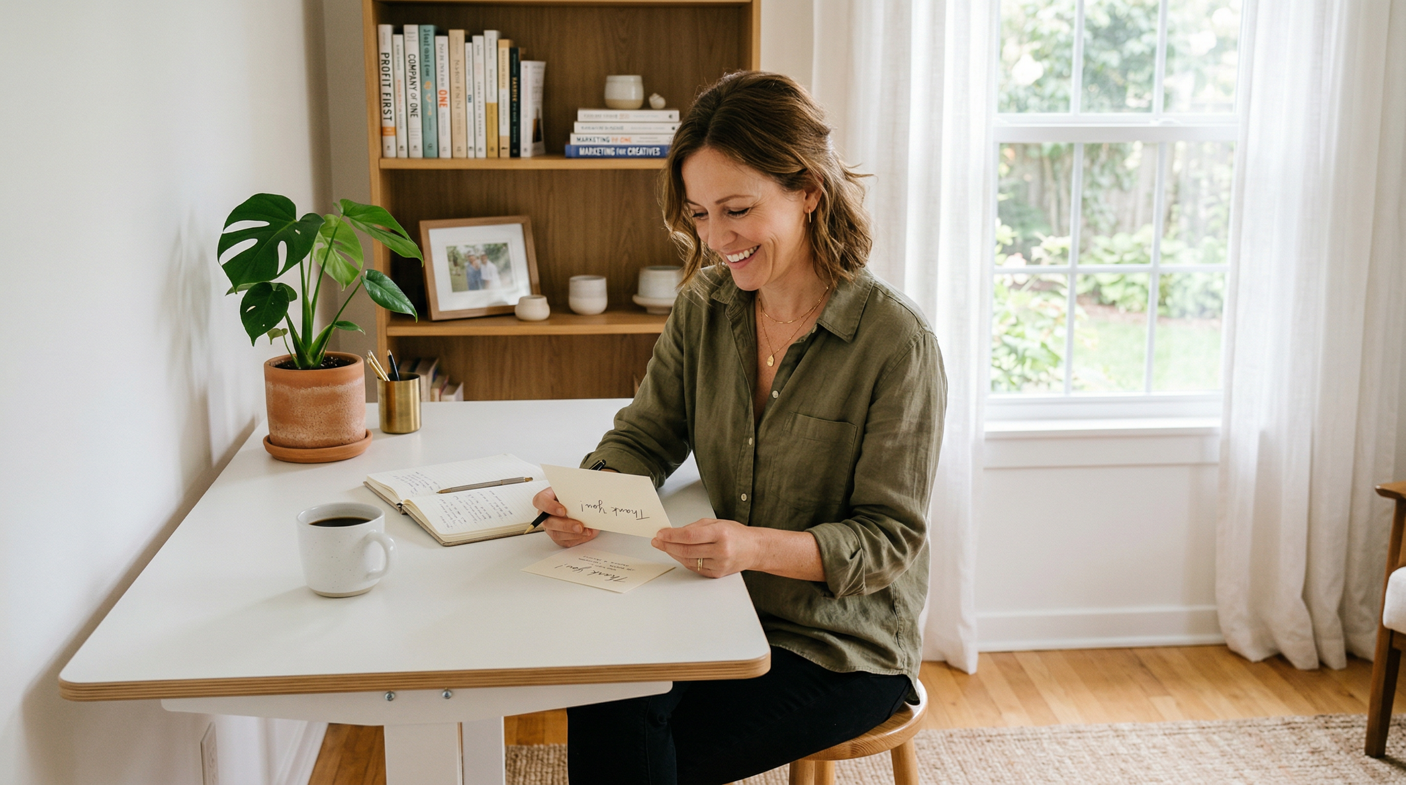 Small business owner reviewing a handwritten card beside an Autopen machine