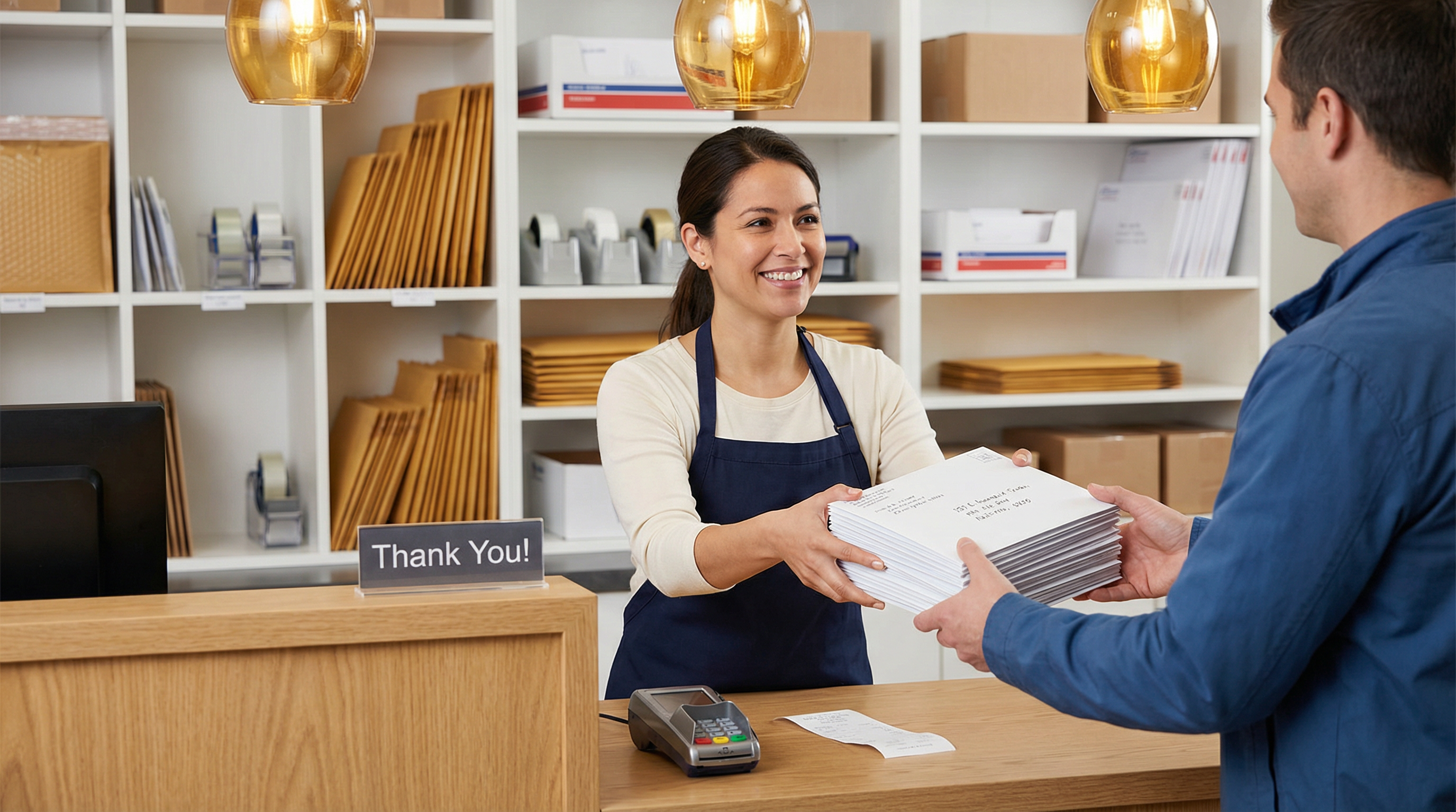 Mail shop employee handing handwritten envelopes to a customer
